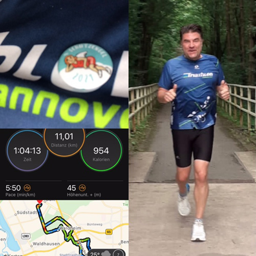 Muko-Spendenlauf 2021 - Fotocollage mit Schutzengelbutton, Zeit- und Kilometerangabe, Streckenverlauf und Lauffoto von Christian