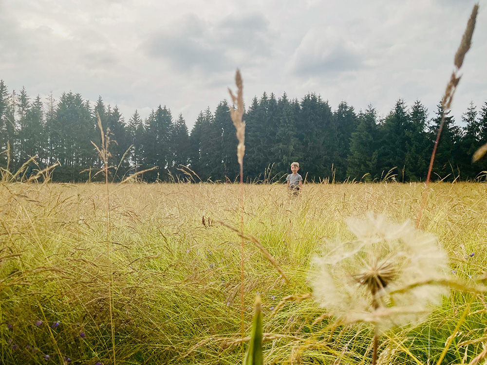 Muko-Spendenlauf 2021 - ein Junge steht mitten in einer Wiese