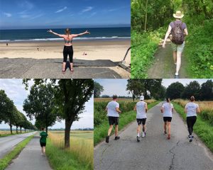 Collage aus vier Fotos von insgesamt sieben Läuferinnen und Läufern von hinten - am Strand, im Wald, entlang der Strasse und auf dem Feldweg