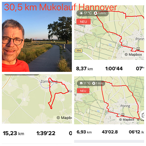 Muko-Spendenlauf 2021 - Collage: Selfie von Stephan und drei verschiedene Strekcen und eine Überschrift: 30,5 km Mukolauf Hannover