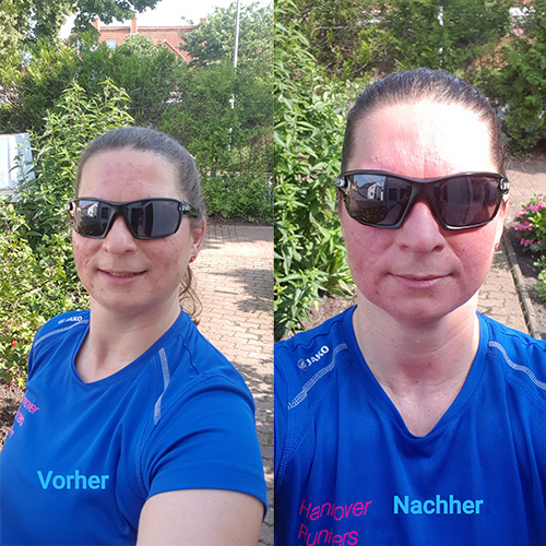 Muko-Spendenlauf 2021 - 2 Selfies von Susann, einmal vor und einmal nach dem Lauf