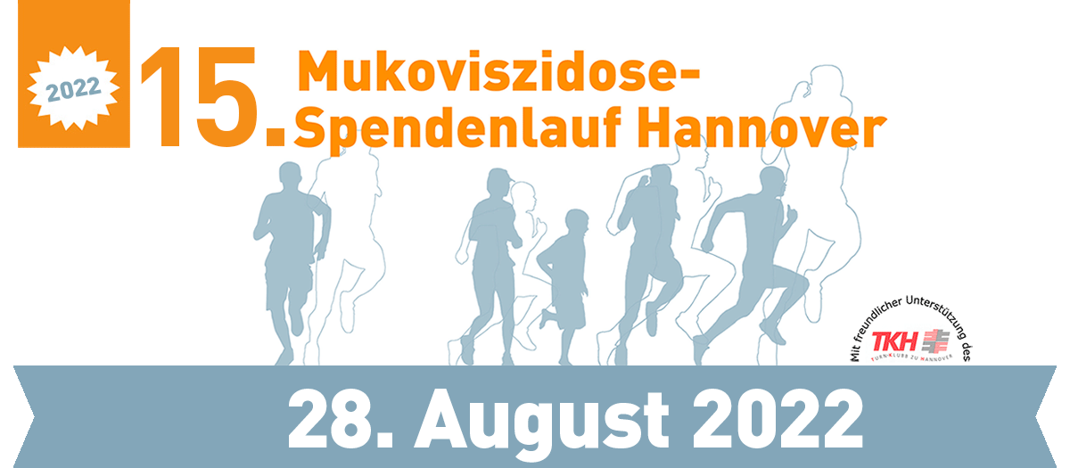 Banner in organde und hellblau für den 15. Mukovizsidose-Spendenlauf Hannover am 28.8.2022
