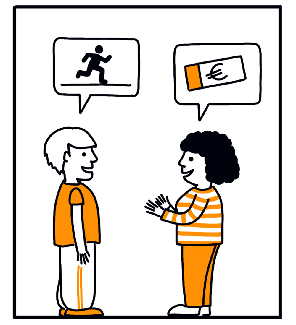 Sponsor Zeichnung: zwei Personen unterhalten sich, linke Person mit Sprechblase - darin ist ein Läufer zu sehen; rechte Person mit Sprechblase - darin ist ein Euroschein zu sehen.
