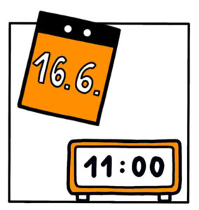 Zeichnung: Kalenderblatt 16.6. und Wecker mit Uhrzeit 11 Uhr
